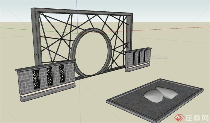 現代中式鏤空景牆設計su模型