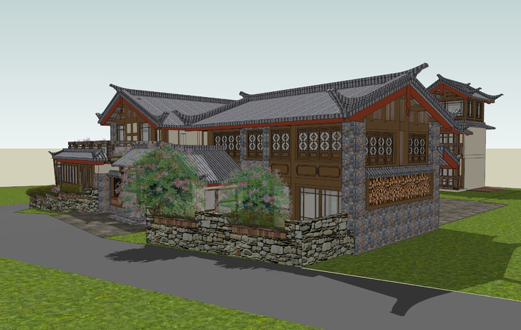 中式束河古镇仿古屋旅馆建筑sketchup模型
