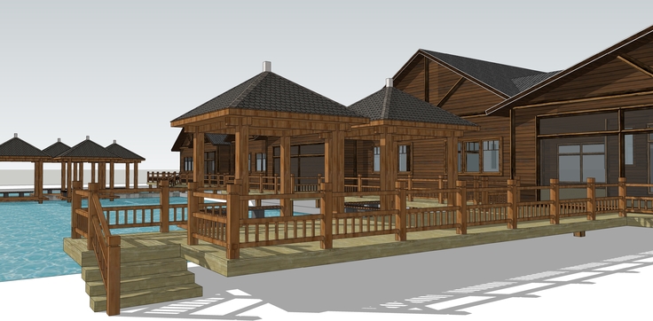 水上农家乐木屋建筑群sketchup模型