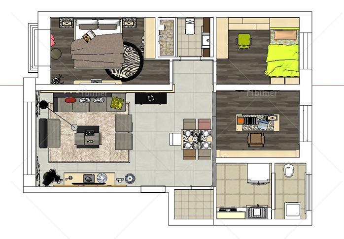 某現代風格兩房一廳戶型室內設計方案su模型[原創]