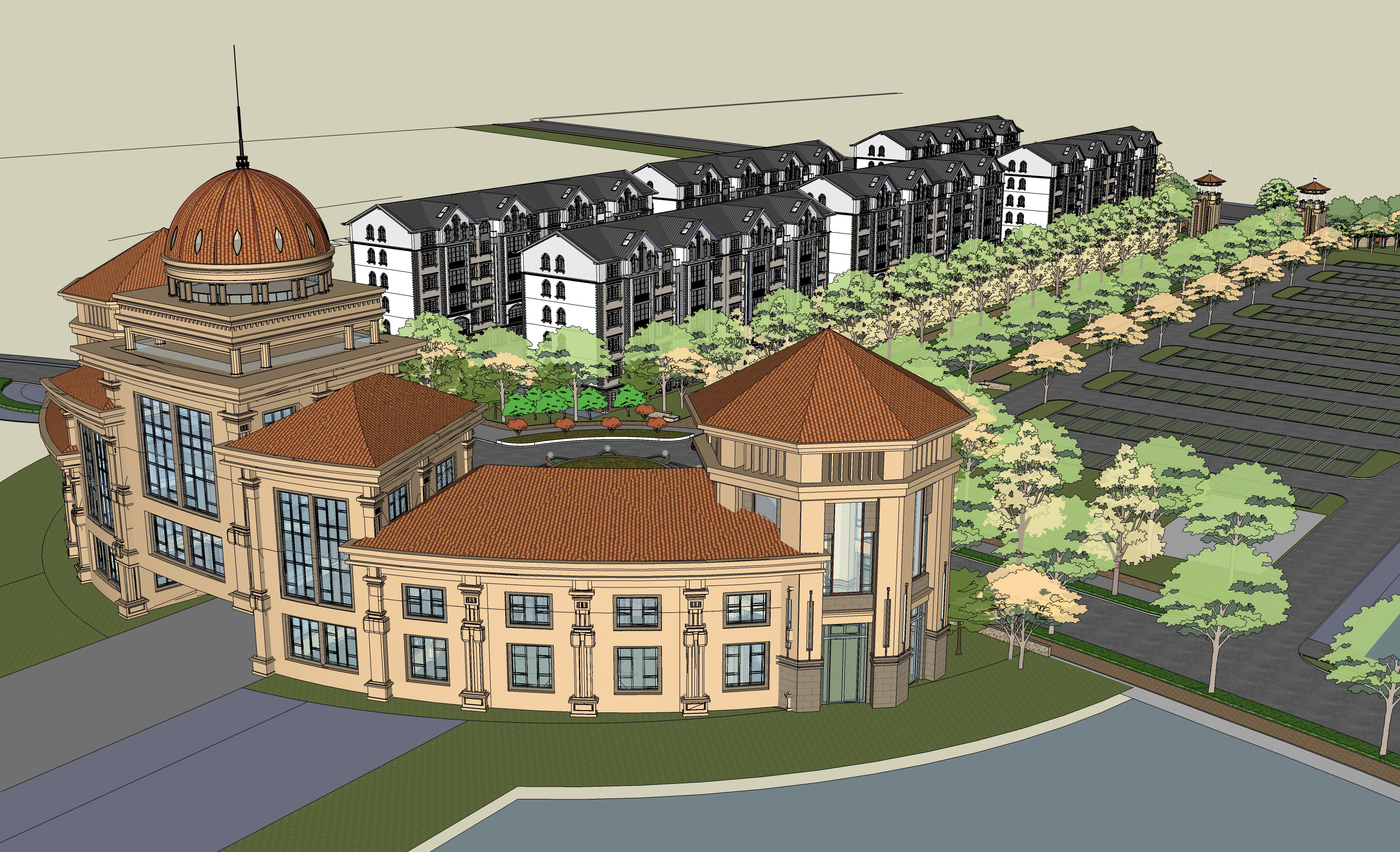 欧式多层住宅区及会所规划方案sketchup模型
