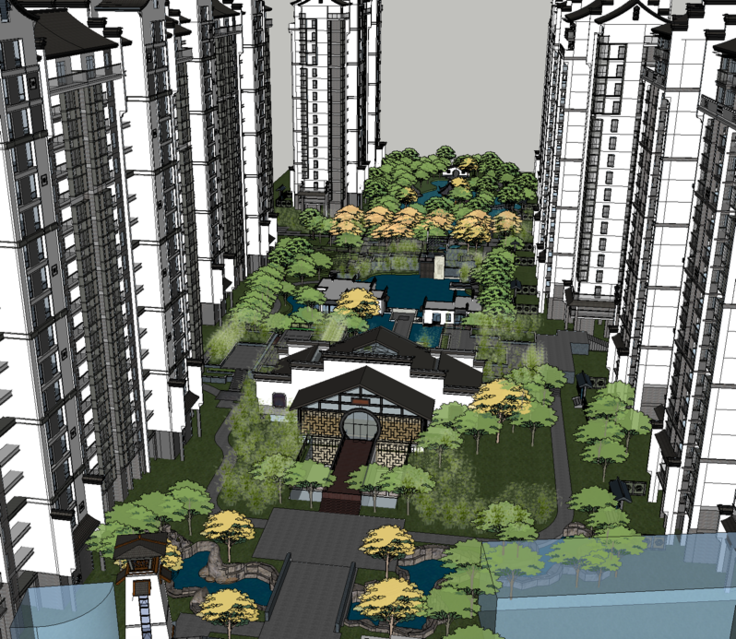 新中式汉唐风住区景观SketchUp模型