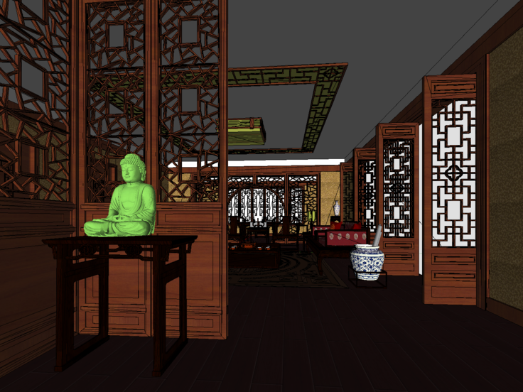 中式风格会客厅室内设计SketchUp模型