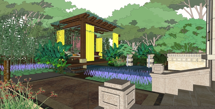 东南亚风格独栋别墅庭院sketchup模型
