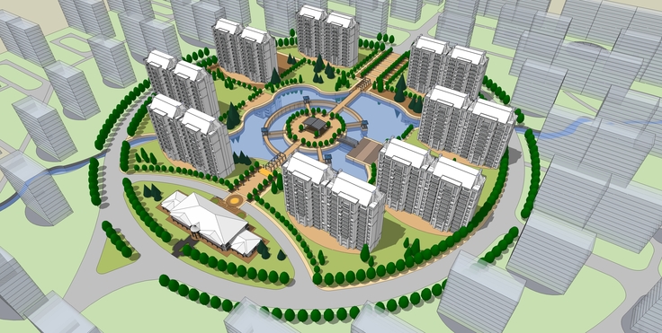 现代风格住宅区中心绿地sketchup模型
