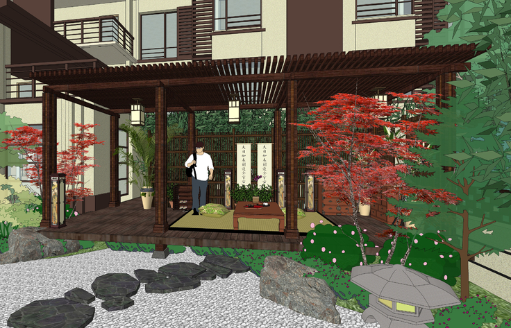 日式枯山水庭院景观与多层住宅建筑方案sketchup