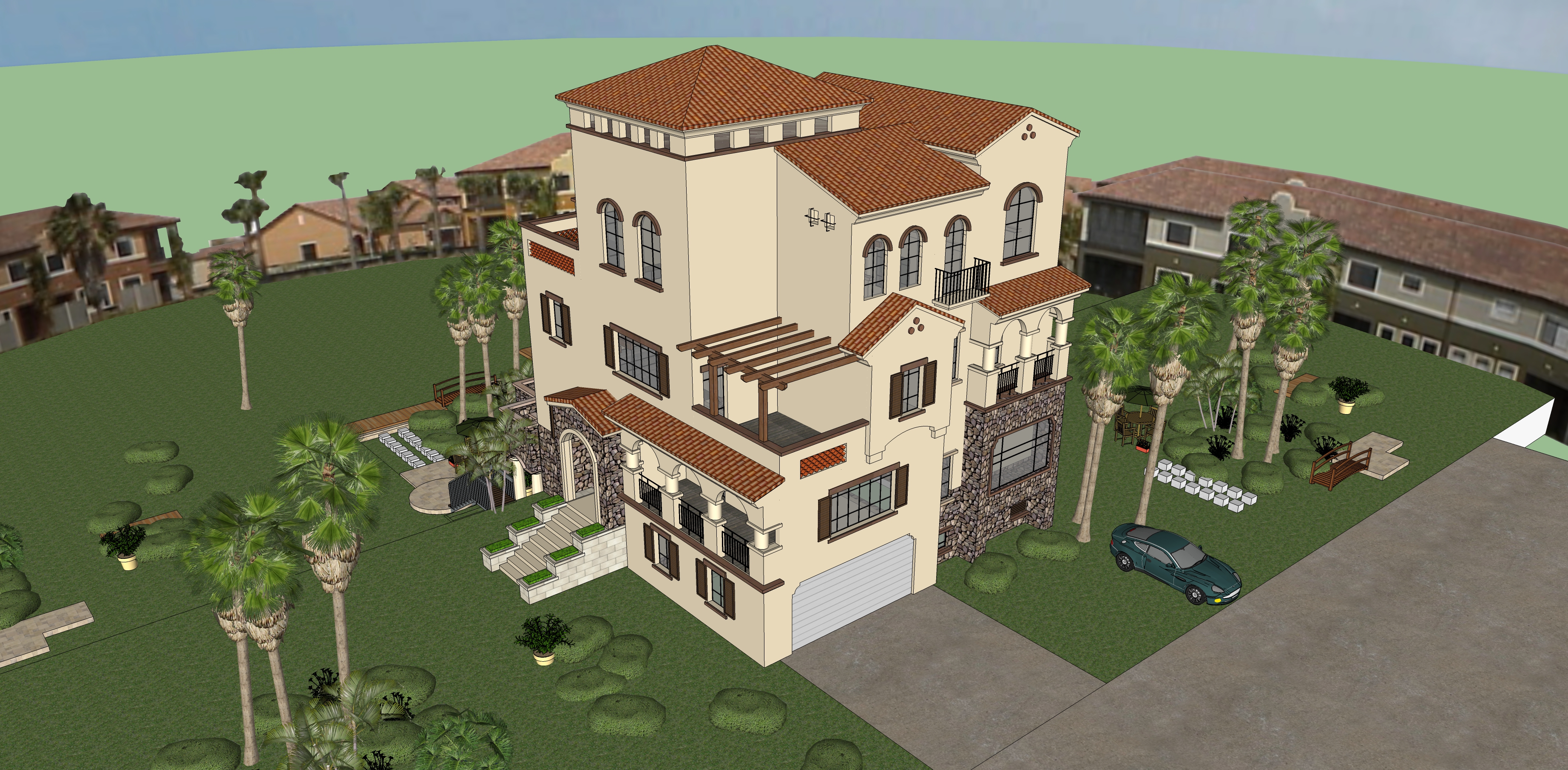 西班牙风格独栋别墅建筑sketchup模型