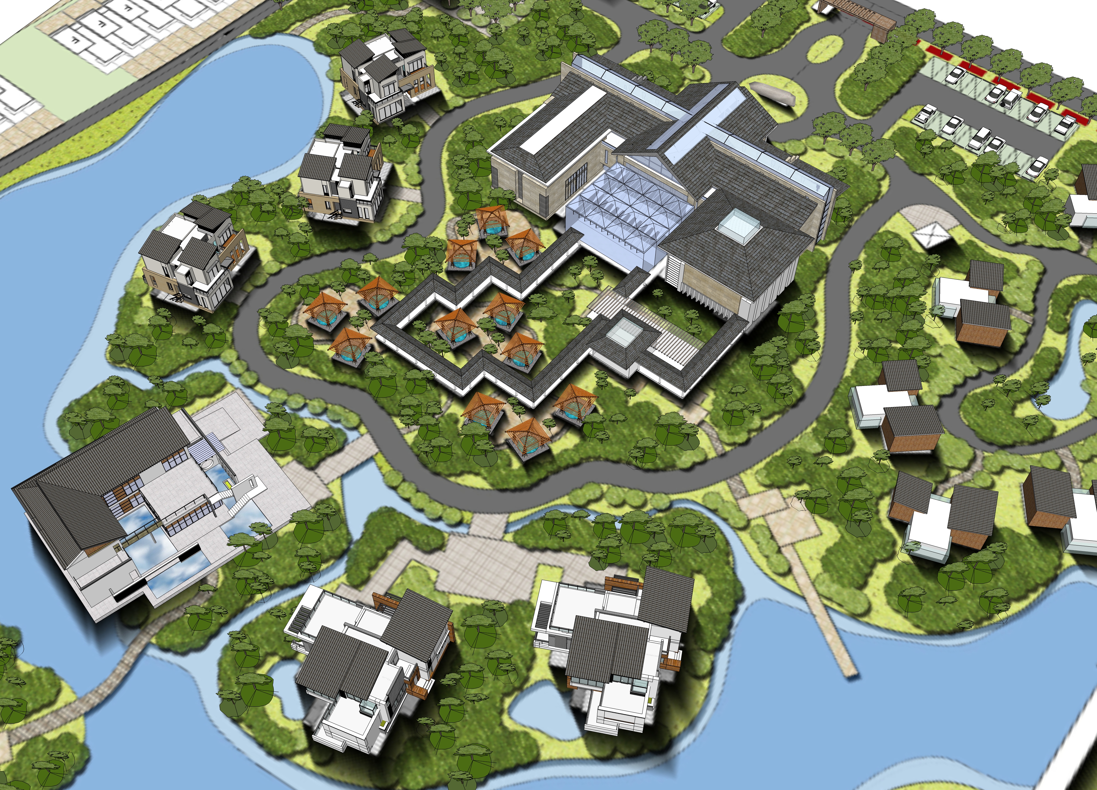 新中式风格温泉酒店及独栋别墅sketchup模型