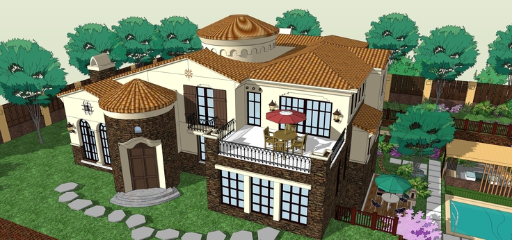 西班牙风格独栋别墅与庭院设计方案sketchup模型