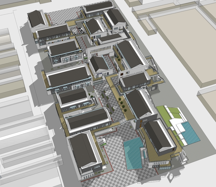 新中式风格旧厂房改造商业街sketchup模型