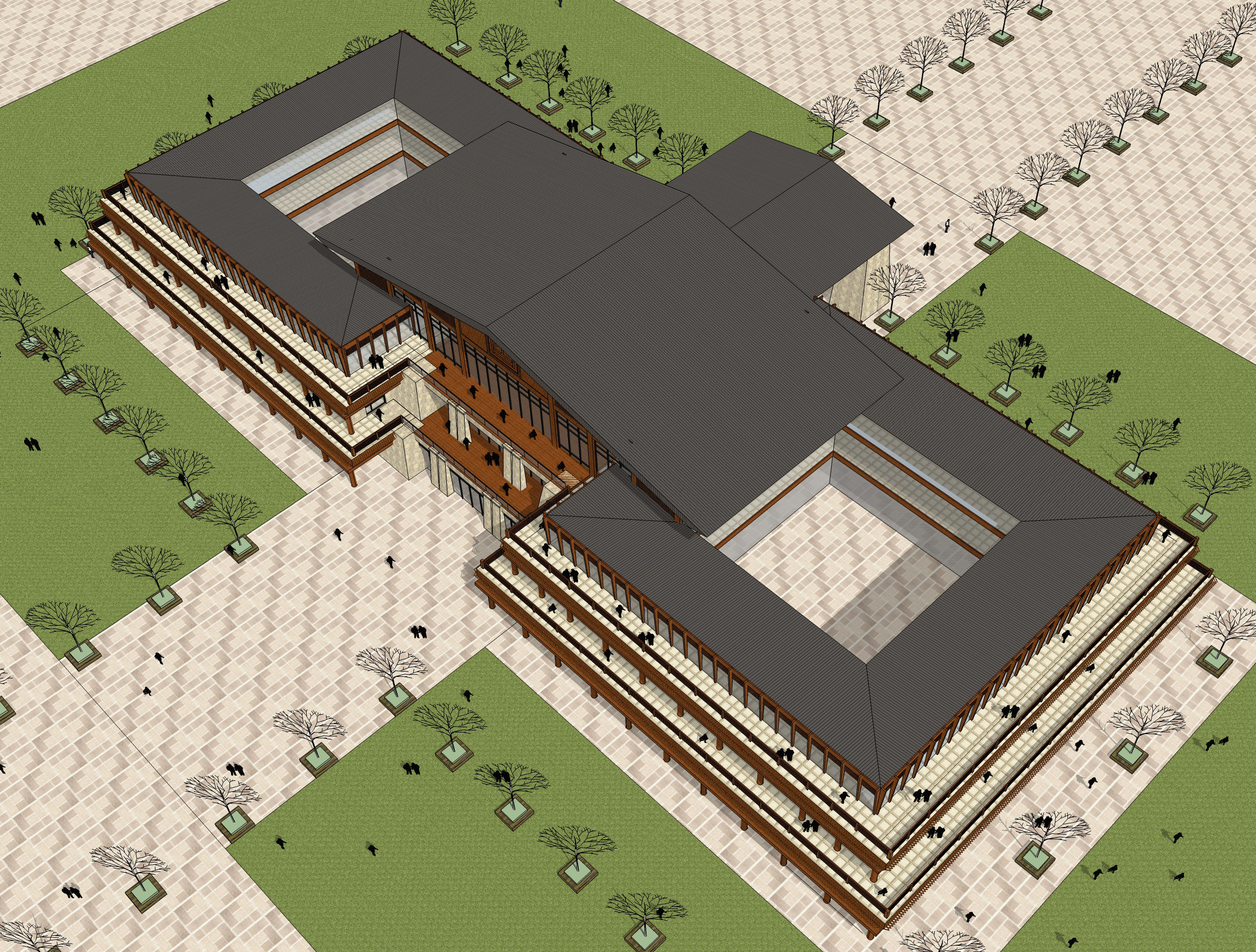 中式现代风格多层酒店建筑sketchup模型