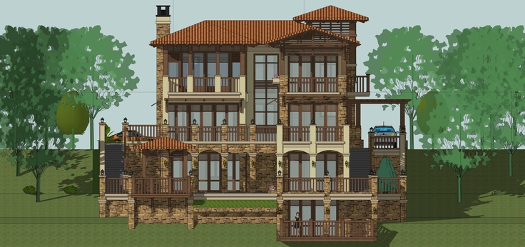 托斯卡纳风格三层独栋别墅住宅sketchup模型