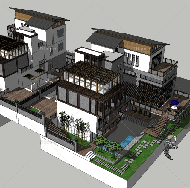 新中式双拼别墅SketchUp模型