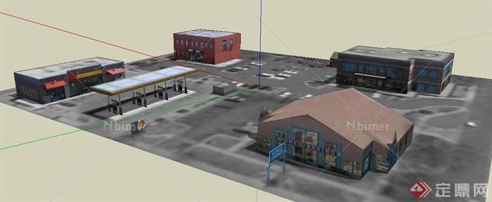 现代风格加油站及商铺建筑设计su模型