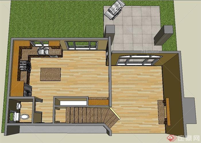 某住宅空间一层厨房、卫生间、楼梯间设计SU模型