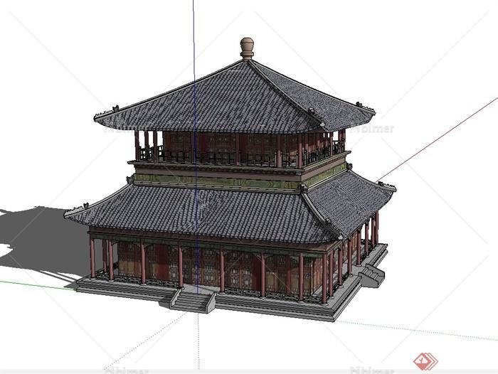 古典中式风格两层文化阁楼建筑设计su模型[原创]