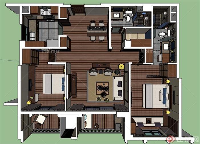 现代中式大户型住宅室内设计su模型