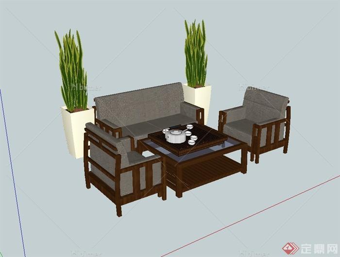 现代中式风格茶桌椅组合设计su模型