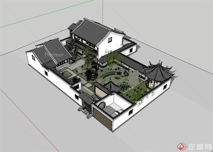 某现代中式风格完整的庭院式住宅建筑设计su模型
