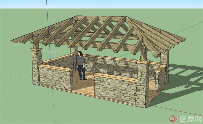 某东南亚廊架设计su模型（含地面铺装、挡墙）