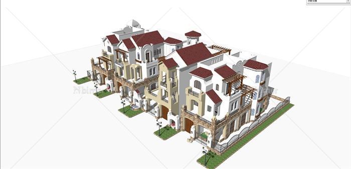 西班牙风格联排住宅别墅建筑设计su模型[原创]