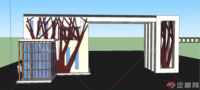 现代某树枝形大门、门廊设计SU模型[原创]