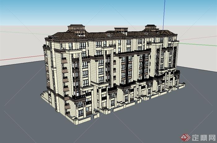 某欧式风格详细精致小区居住建筑楼设计su模型[原