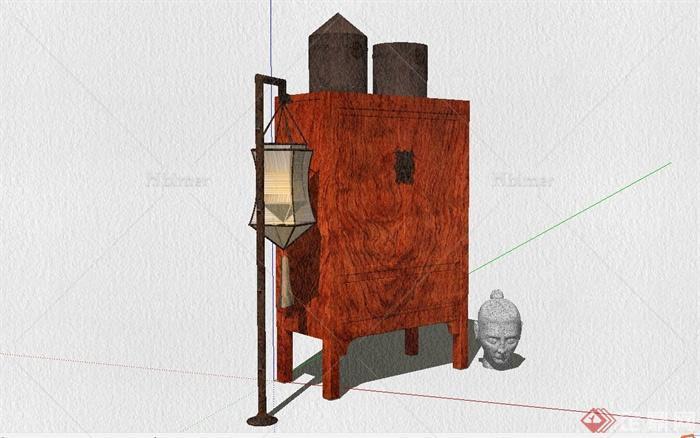 现代中式风格收纳柜、落地灯、饰品摆件组合设计