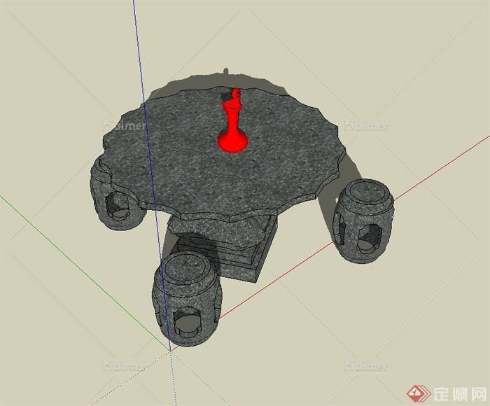 某古典中式风格石桌石凳设计su模型