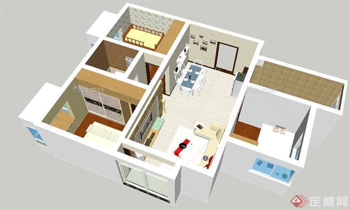 简约清新二室二厅家装方案SU精致设计模型