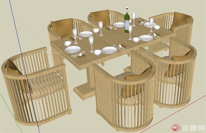 现代原木风六人座餐桌椅su模型