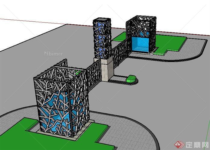 超现代科技园区入口保安亭大门景观设计SketchUp