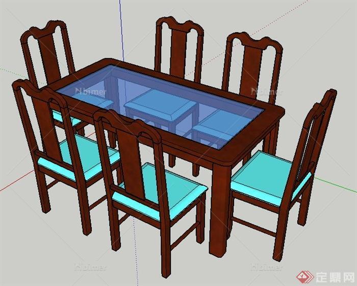 中式风格6人座木制餐桌椅su模型