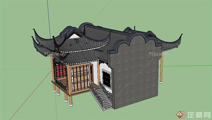 某古典中式单层翘檐屋顶戏台建筑设计SU模型
