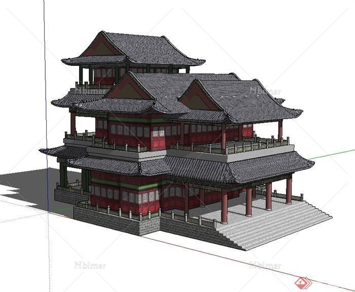 某古典中式风格详细精致戏台建筑楼设计su模型[原