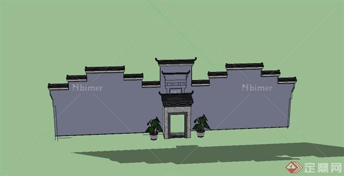 某古典中式风格大门与围墙设计SU模型