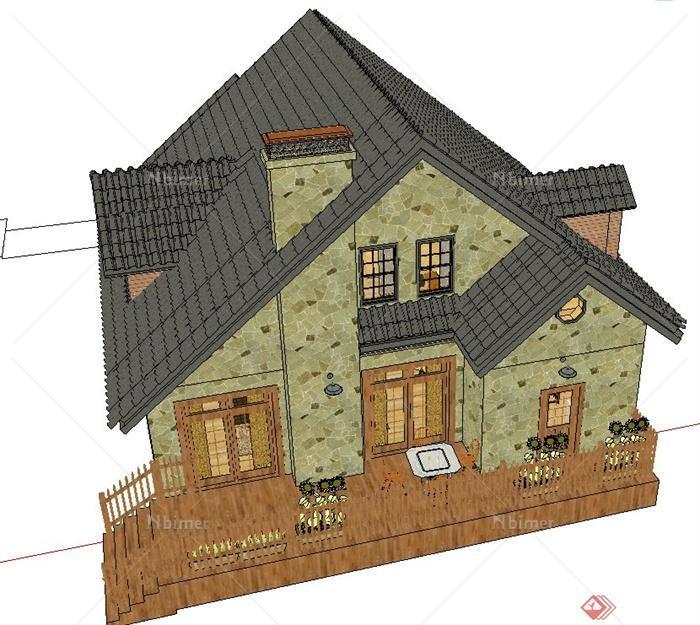 中式两层坡屋顶住宅建筑设计SU模型[原创]