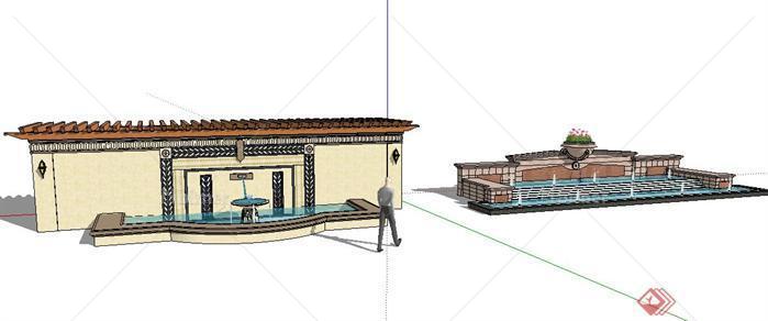 2款欧式景墙和喷泉水景设计SketchUp(SU)3D模型