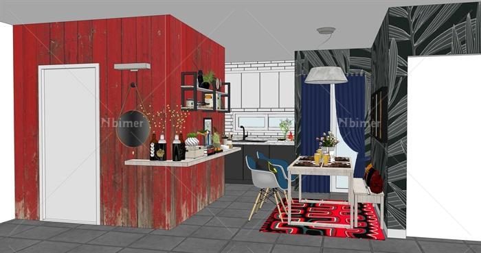 现代折中主义住宅厨房及餐厅室内设计su模型[原创