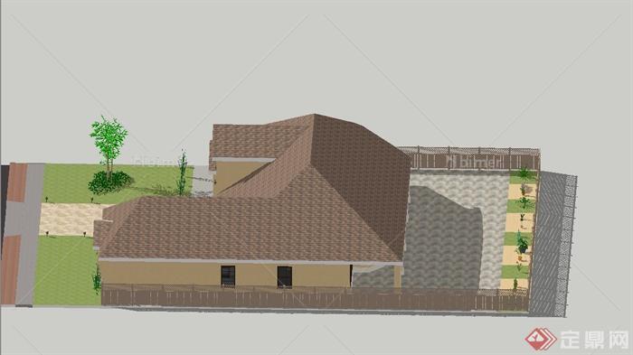 现代某单层带庭院景观住宅建筑设计SU模型