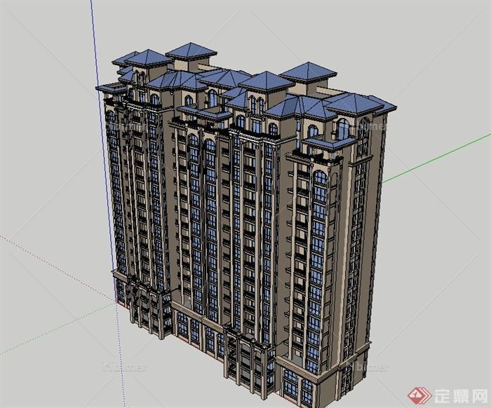 简欧风格高层住宅建筑楼设计su模型[原创]