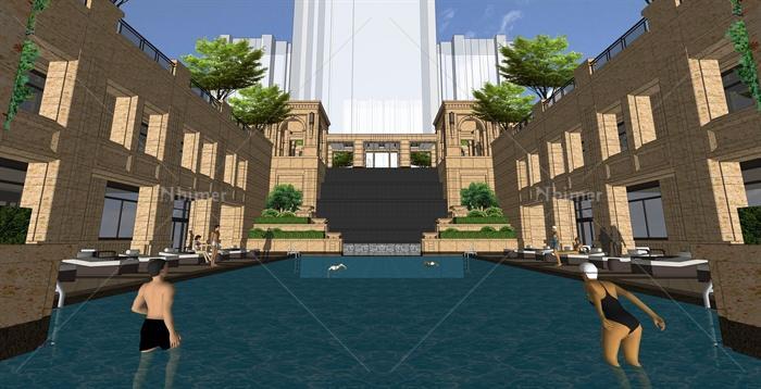 某精细欧式风格会所建筑设计SU模型含泳池景观[原