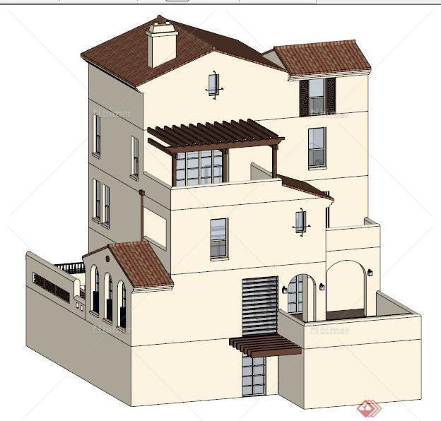 西班牙风格多层别墅建筑设计su模型