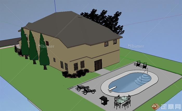 现代风格临街别墅建筑带游泳池设计su模型