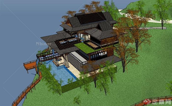 某三层东南亚风格会所建筑设计SU模型
