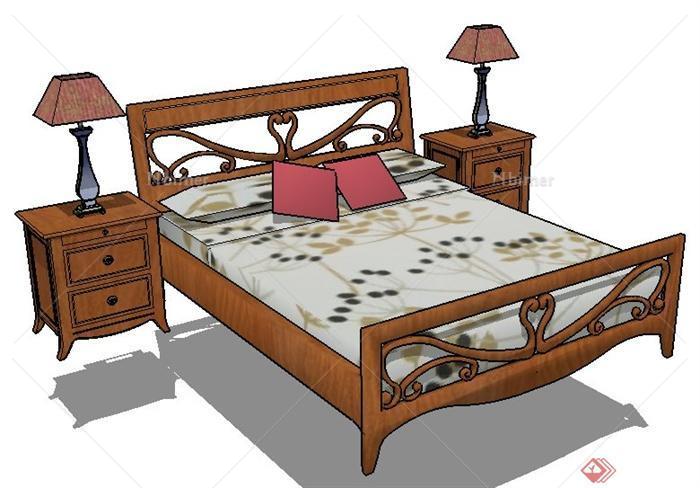 中式风格木质双人床及床头柜su模型