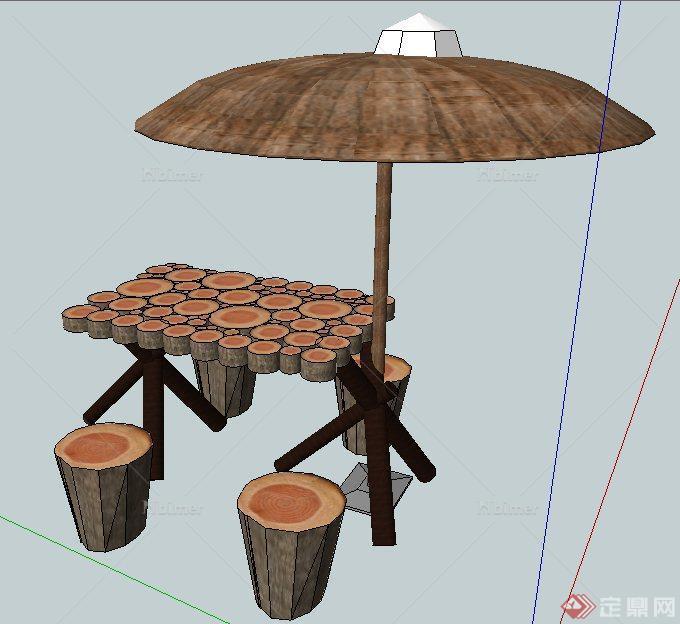 木制桌凳及遮阳伞su模型