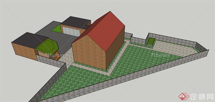 某现代一层简易住宅建筑庭院景观设计SU模型