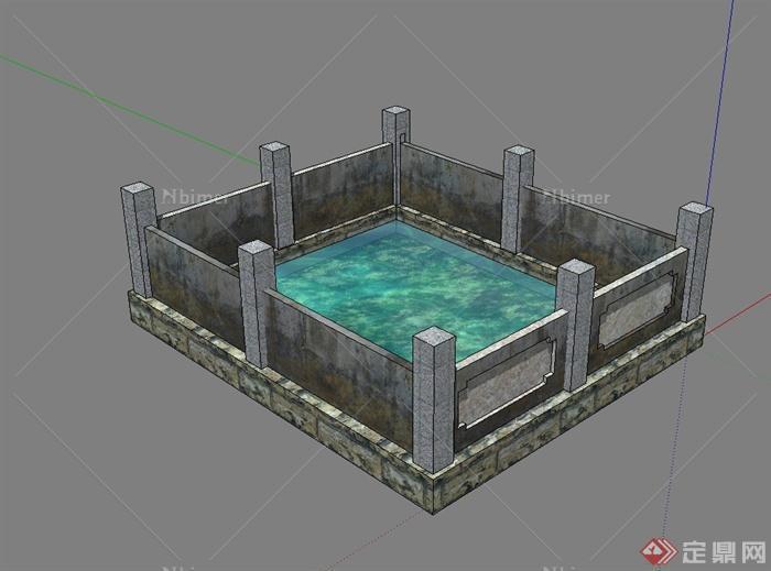 中国古典中式风格寺庙水池设计su模型[原创]