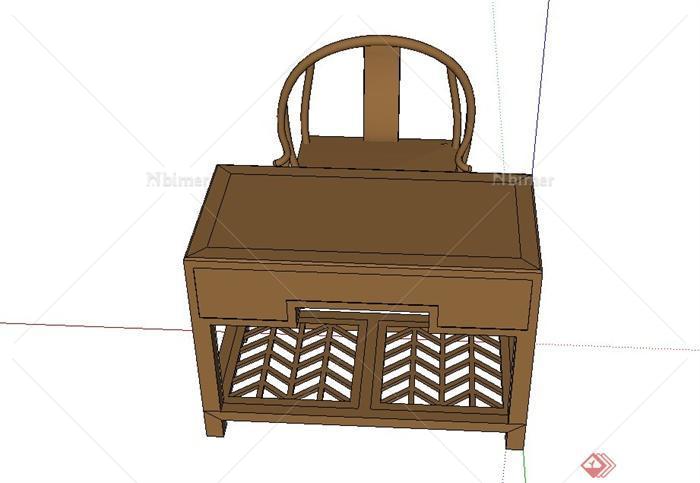 古典中式木质办公桌椅设计SU模型